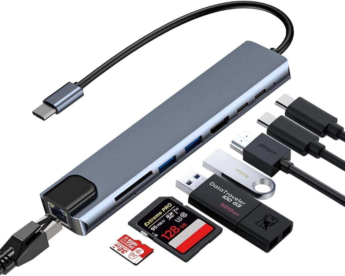 Imagem do produto em promoção: Hub USB-C 8 em 1 com HDMI 4K a 60Hz – 3 Portas USB 3.0 para Transferência Rápida, Carregamento Tipo C Ultra-Rápido, Compatível com MacBook, Windows e Chromebook, Expansão Compacta, Cinza
